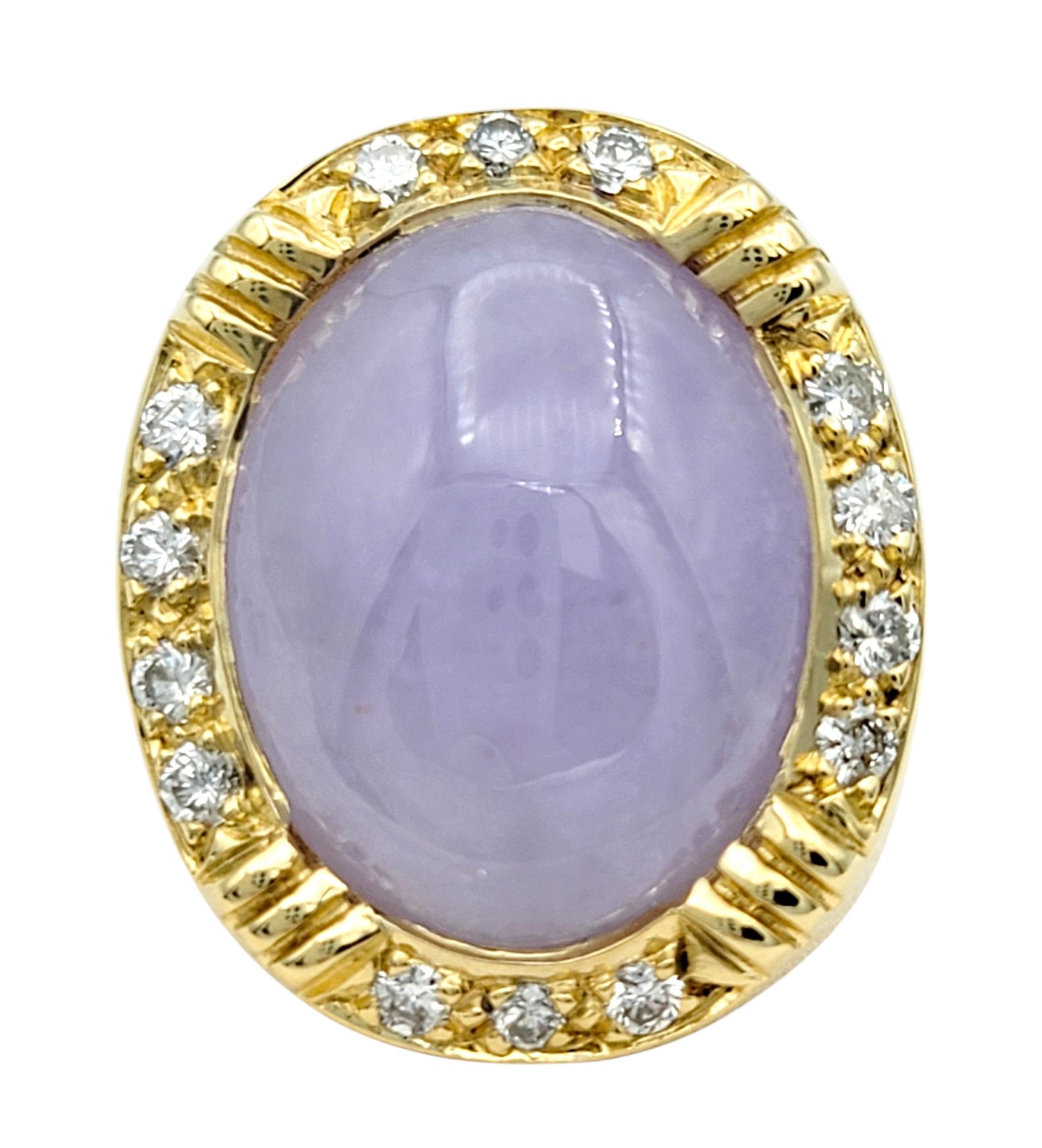 Contemporary Oval Cabochon Light Purple Jade Cocktail Ring with Diamonds in 18 Karat Gold For Sale