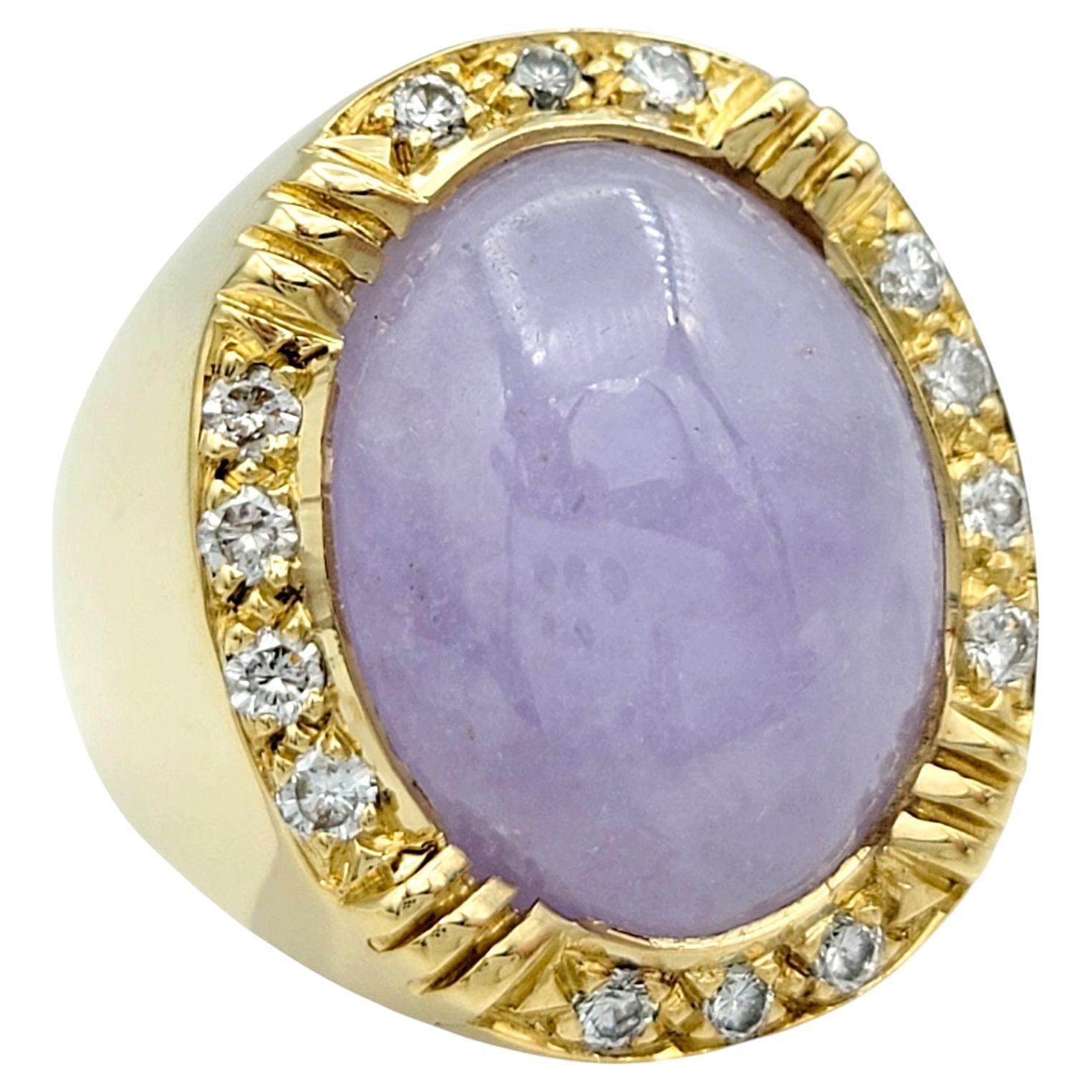 Oval Cabochon Light Purple Jade Cocktail Ring with Diamonds in 18 Karat Gold