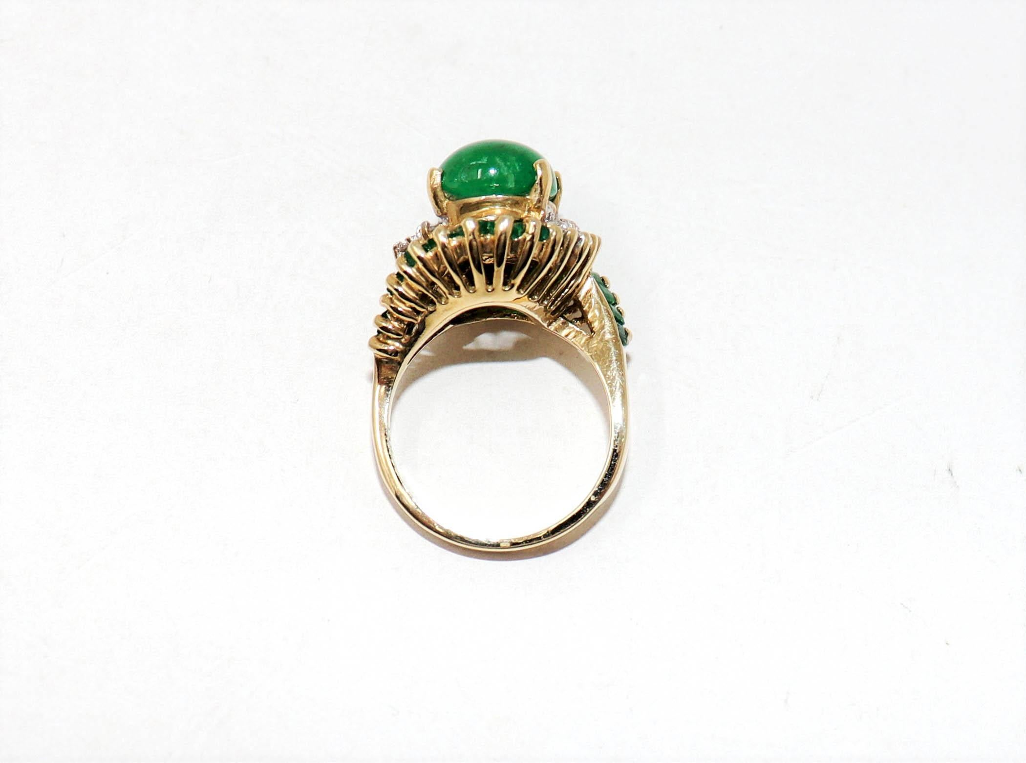 Oval Cabochon Natural Beryl Emerald and Diamond Bypass Ring 14 Karat Yellow Gold For Sale 2