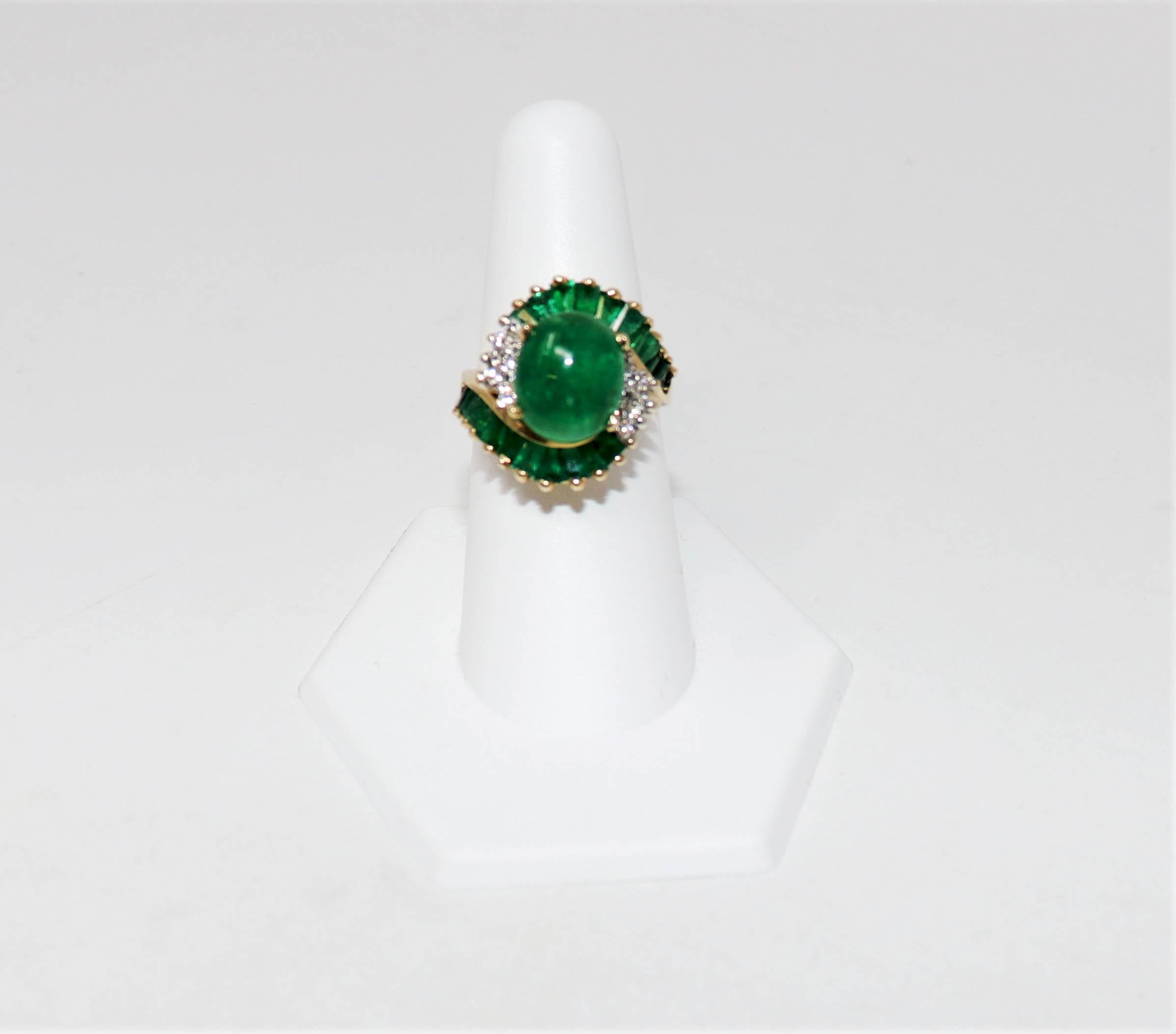 Oval Cabochon Natural Beryl Emerald and Diamond Bypass Ring 14 Karat Yellow Gold For Sale 4