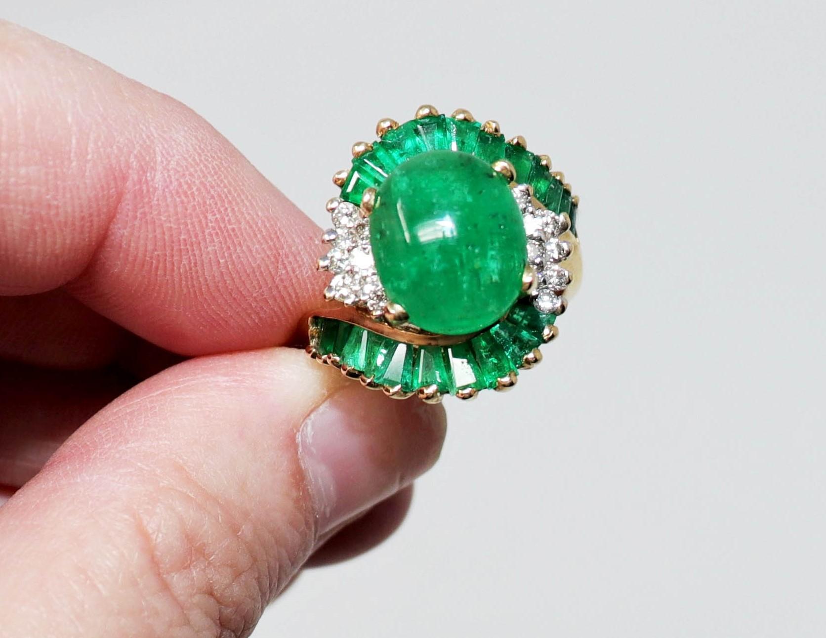 Women's Oval Cabochon Natural Beryl Emerald and Diamond Bypass Ring 14 Karat Yellow Gold For Sale