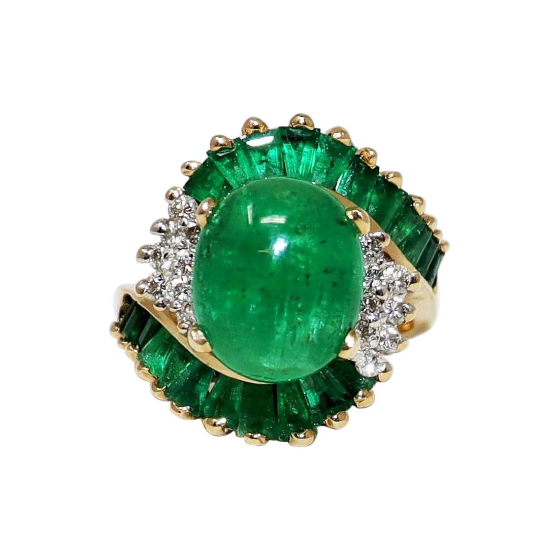 Oval Cabochon Natural Beryl Emerald and Diamond Bypass Ring 14 Karat Yellow Gold For Sale