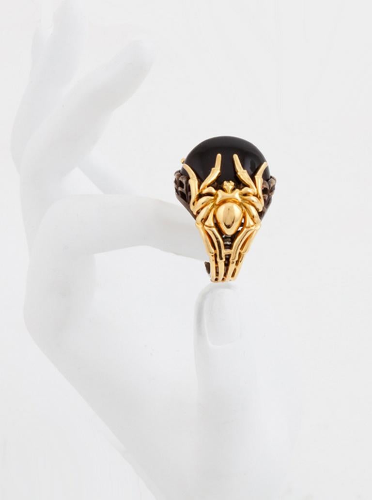 Oval Cut Oval Cabochon Onyx and Silver with Gold LARGE SPIDER Ring by John Landrum Bryant For Sale