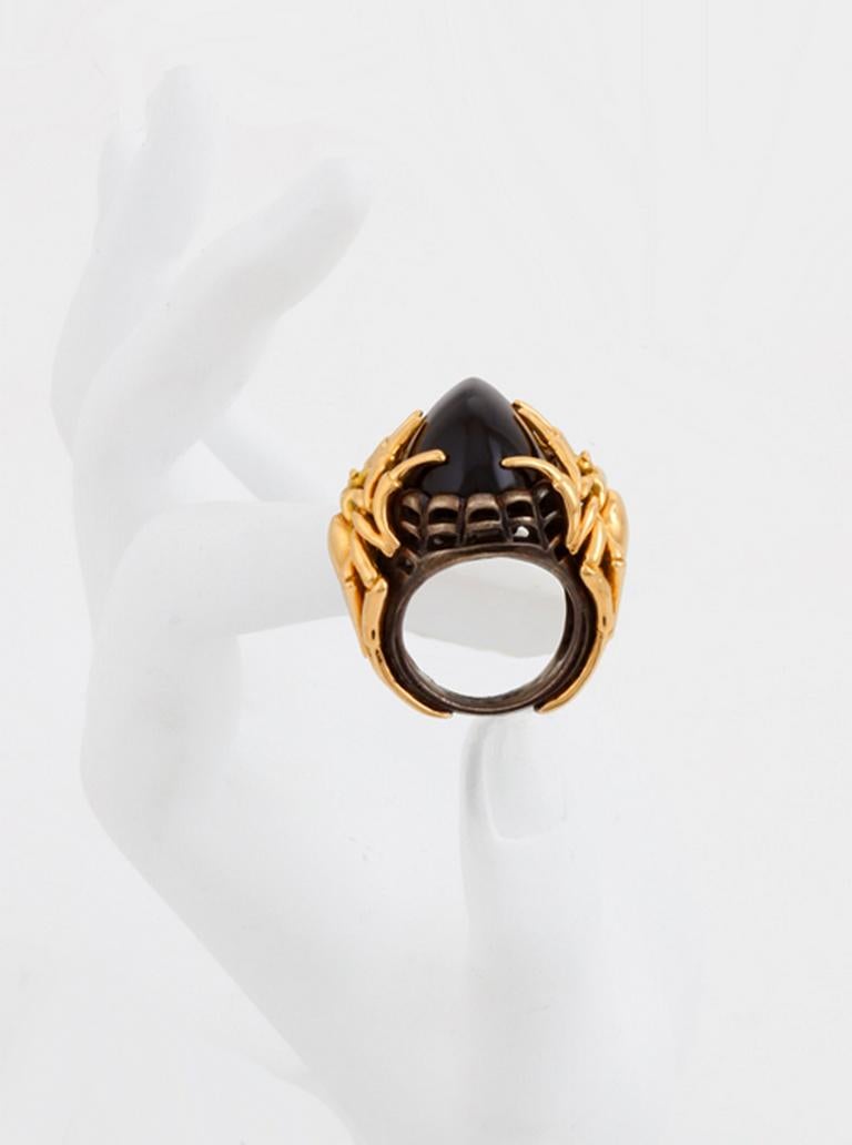 Oval Cabochon Onyx and Silver with Gold LARGE SPIDER Ring by John Landrum Bryant In New Condition For Sale In New York, NY