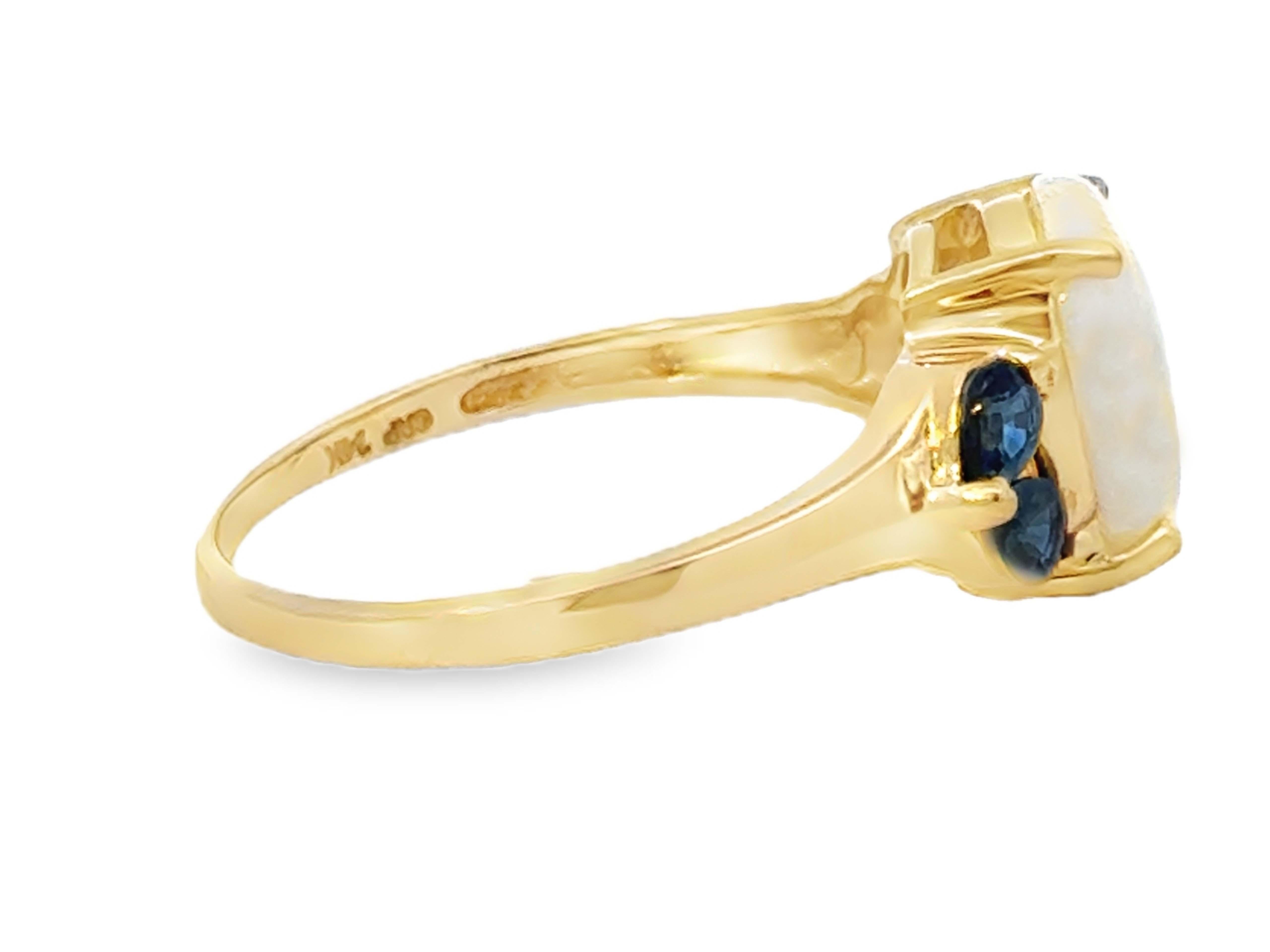 Women's or Men's Oval Cabochon Opal and Pear Shaped Sapphires Ring 14k Yellow Gold For Sale