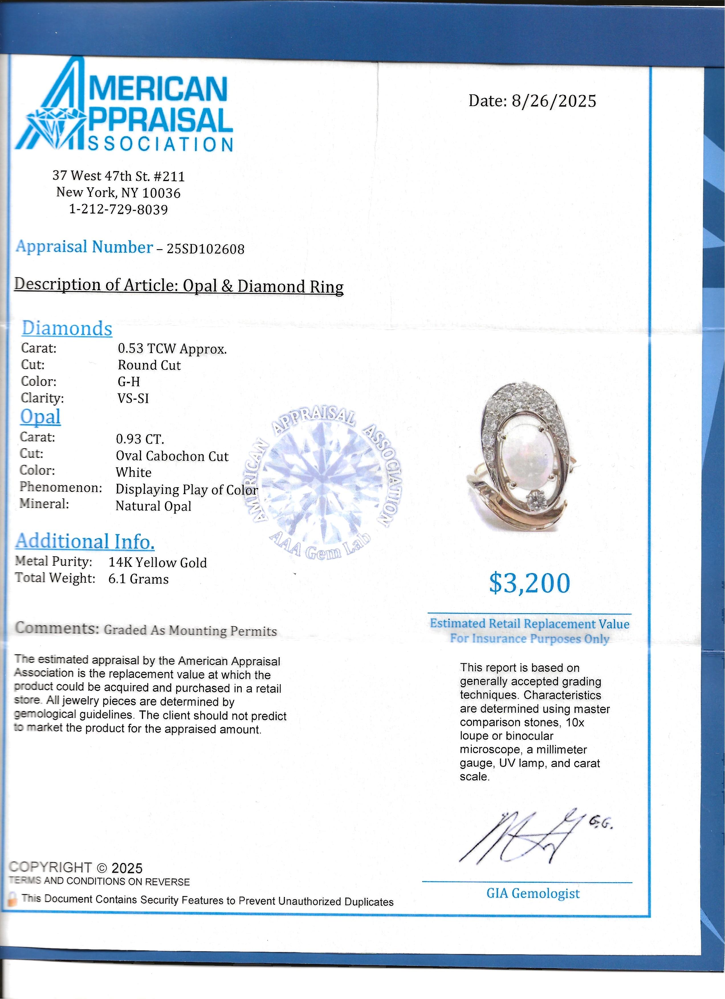 Ovaler Cabochon Opal und runder Diamant Länglicher Cocktailring 14 Karat Gelbgold im Angebot 8