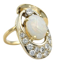Oval Cabochon Opal and Round Diamond Oblong Cocktail Ring 14 Karat Yellow Gold