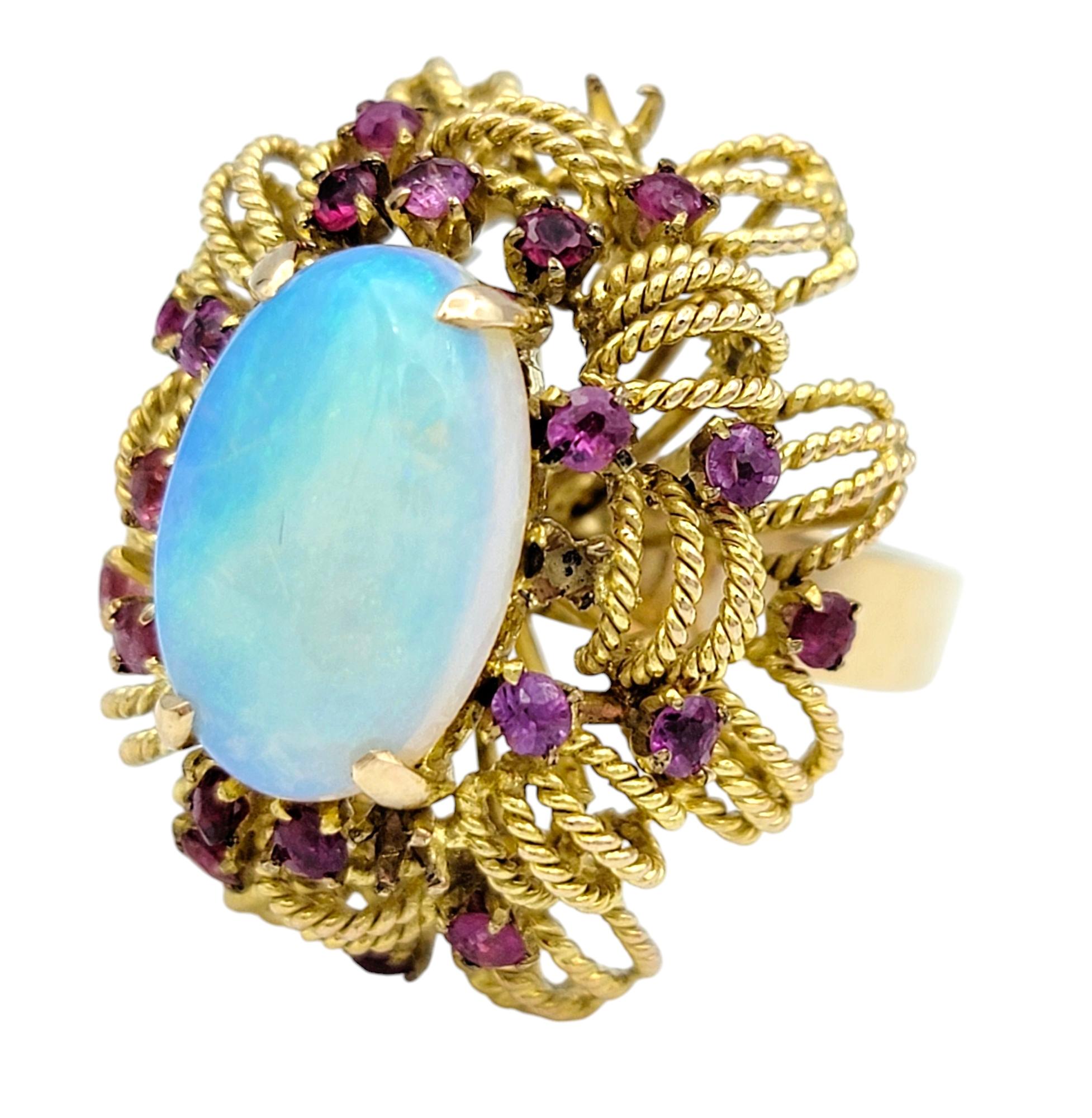 Contemporary Oval Cabochon Opal Cocktail Ring with Rubies in Textured 14 Karat Yellow Gold For Sale