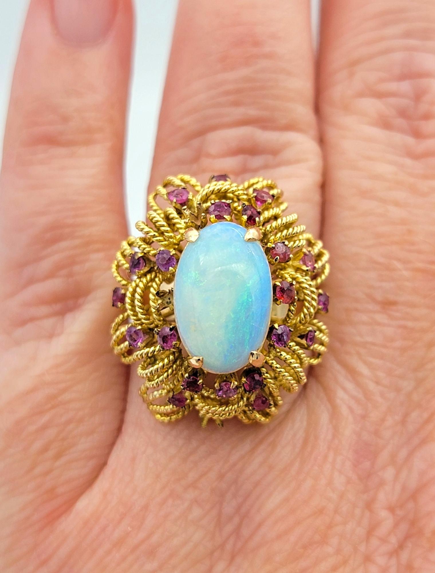 Oval Cabochon Opal Cocktail Ring with Rubies in Textured 14 Karat Yellow Gold For Sale 1