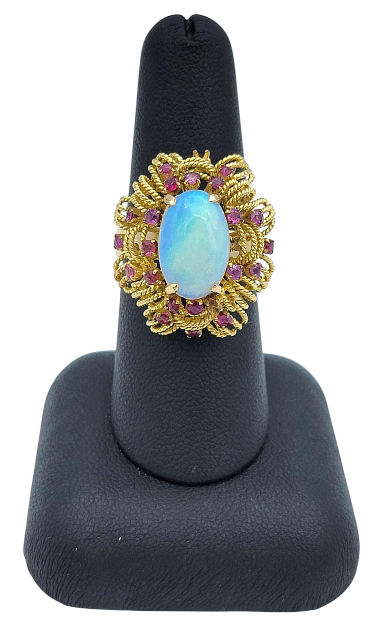 Oval Cabochon Opal Cocktail Ring with Rubies in Textured 14 Karat Yellow Gold For Sale 2