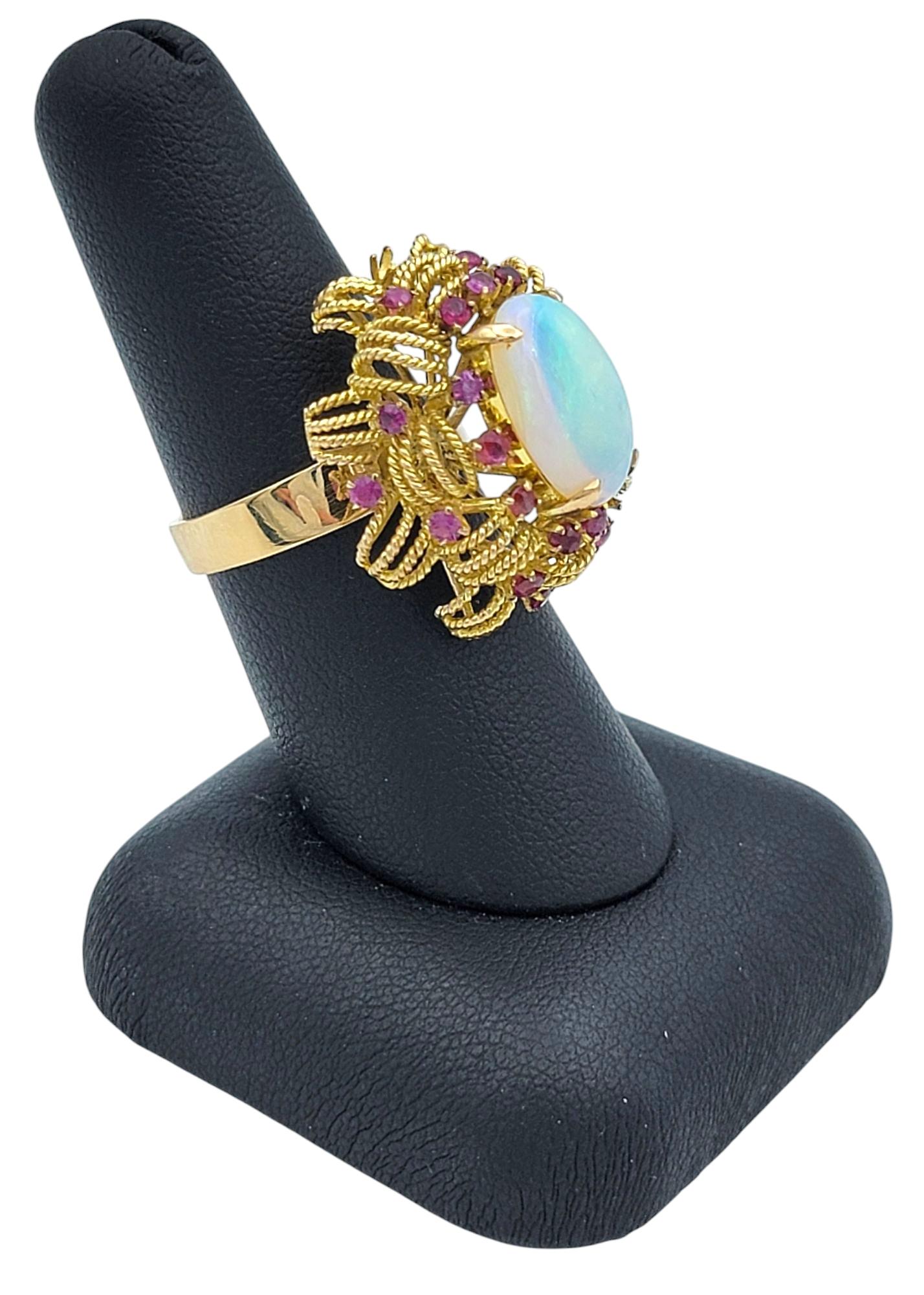 Oval Cabochon Opal Cocktail Ring with Rubies in Textured 14 Karat Yellow Gold For Sale 3