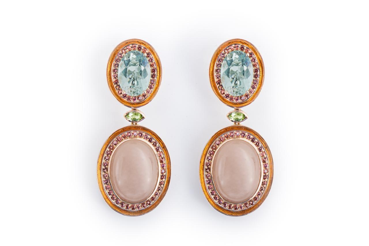 Artisan Oval Cabochon Opal, Oval Prasiolite, Green Cabochon Tourmaline ... Earrings For Sale