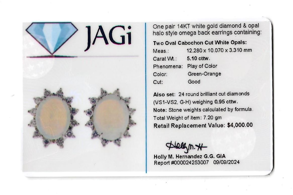 Oval Cabochon Opal Stud Earrings with Round Diamond Halos in 14 Karat White Gold For Sale 5