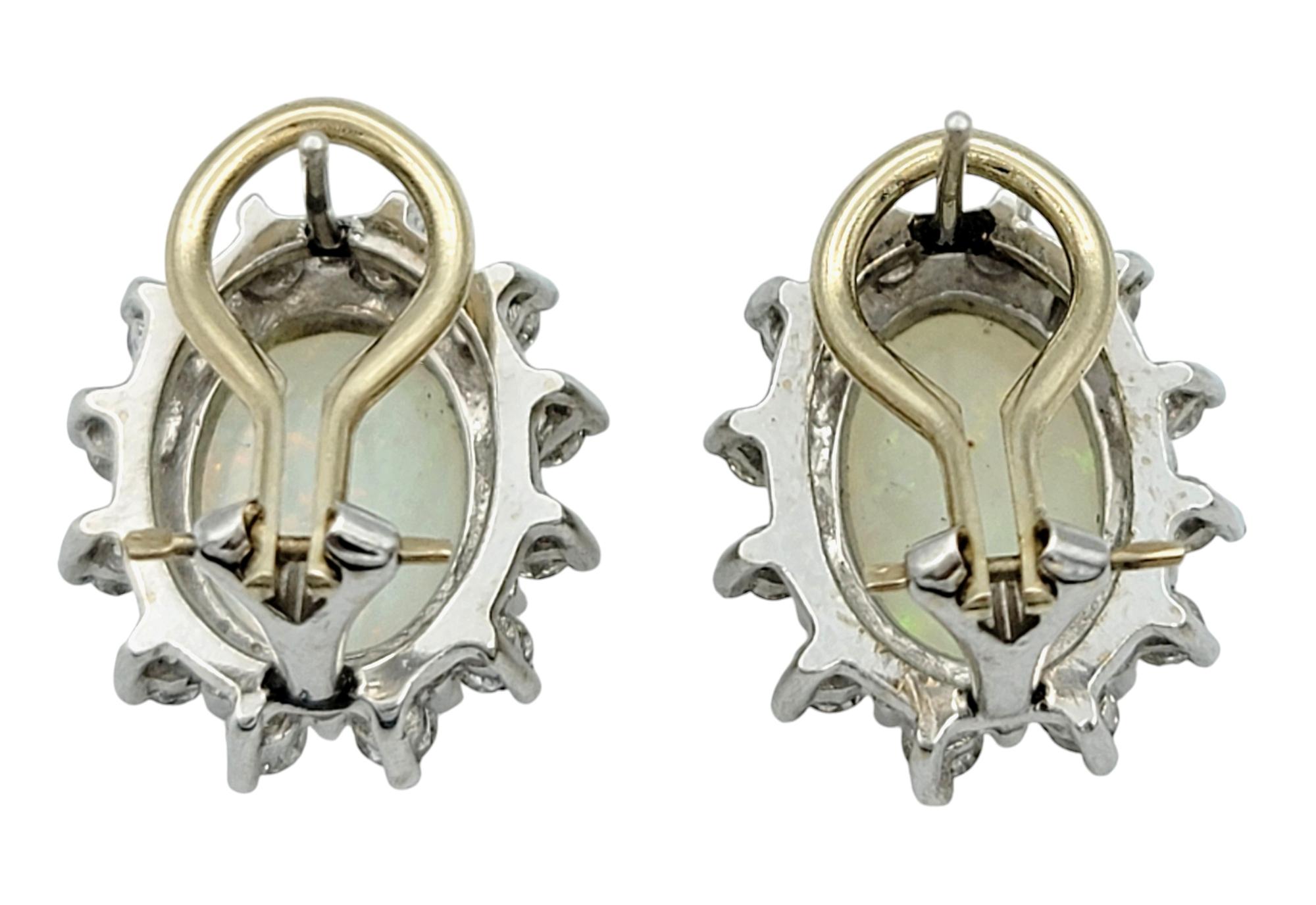 Oval Cabochon Opal Stud Earrings with Round Diamond Halos in 14 Karat White Gold In Good Condition For Sale In Scottsdale, AZ