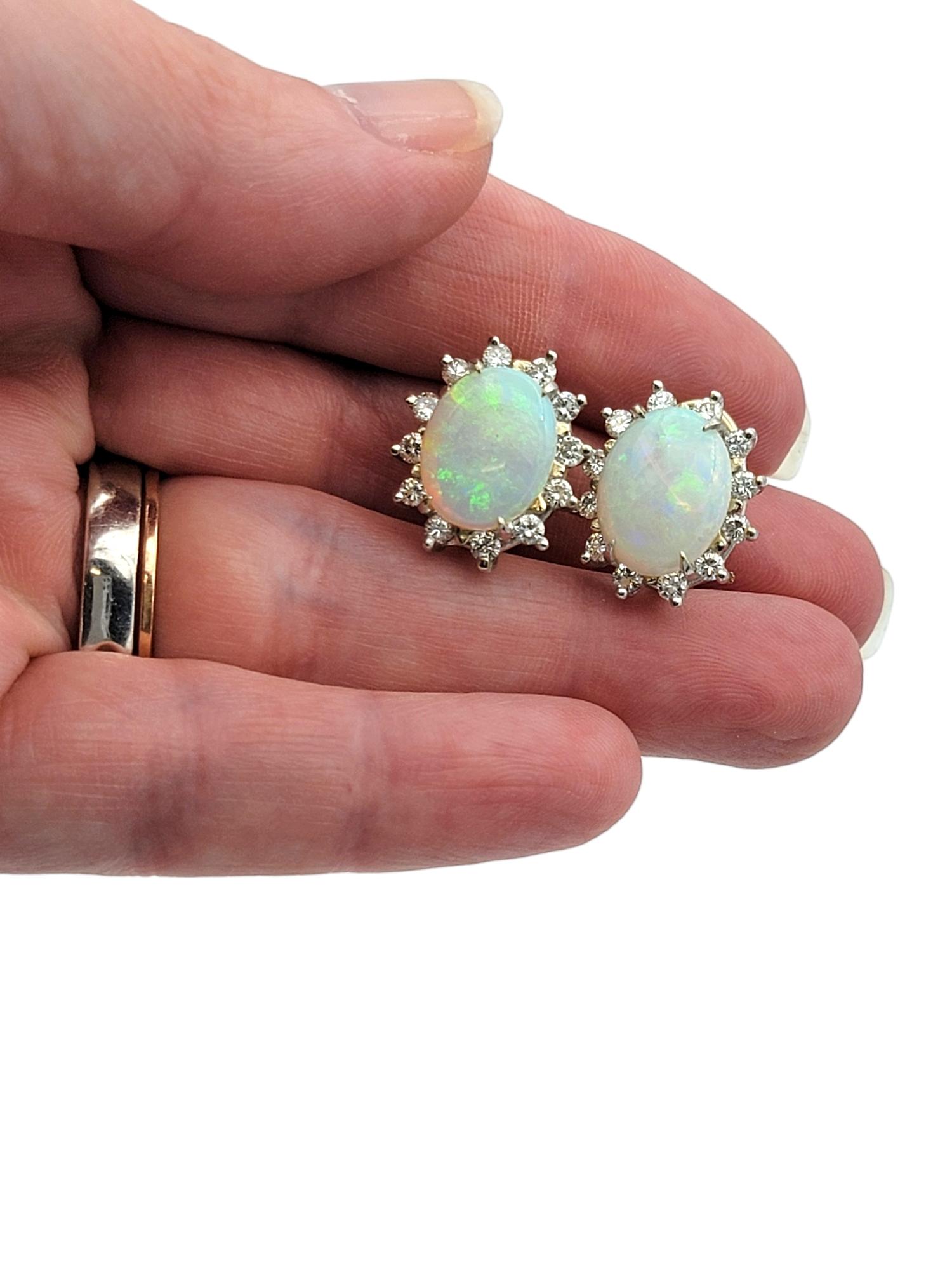 Oval Cabochon Opal Stud Earrings with Round Diamond Halos in 14 Karat White Gold For Sale 2