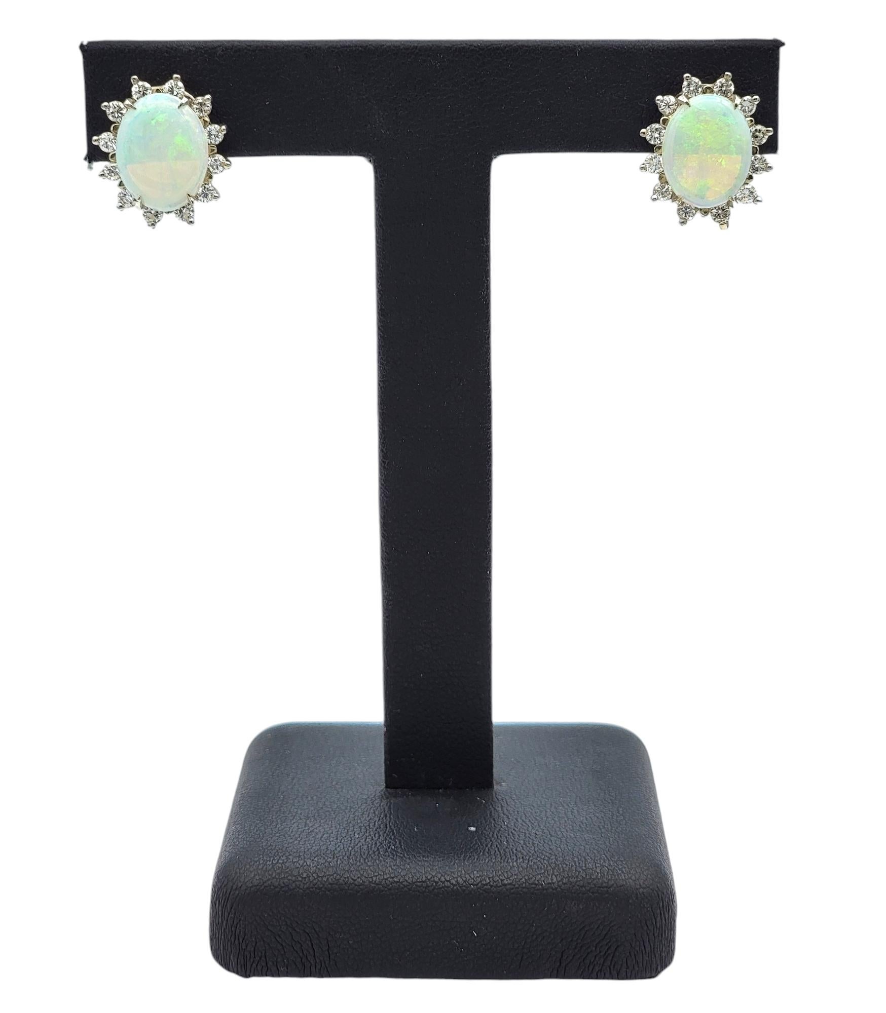 Oval Cabochon Opal Stud Earrings with Round Diamond Halos in 14 Karat White Gold For Sale 3