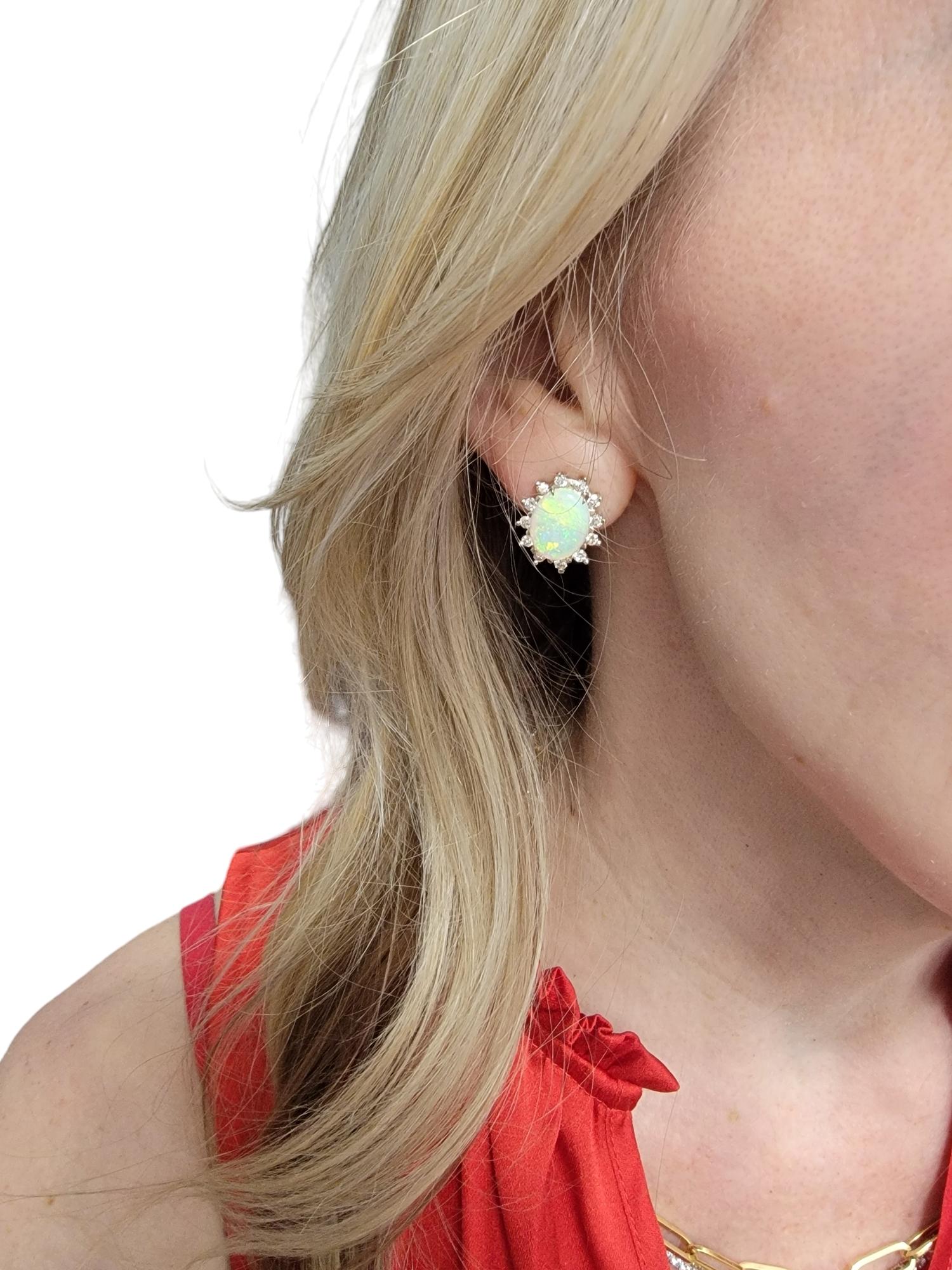 Oval Cabochon Opal Stud Earrings with Round Diamond Halos in 14 Karat White Gold For Sale 4