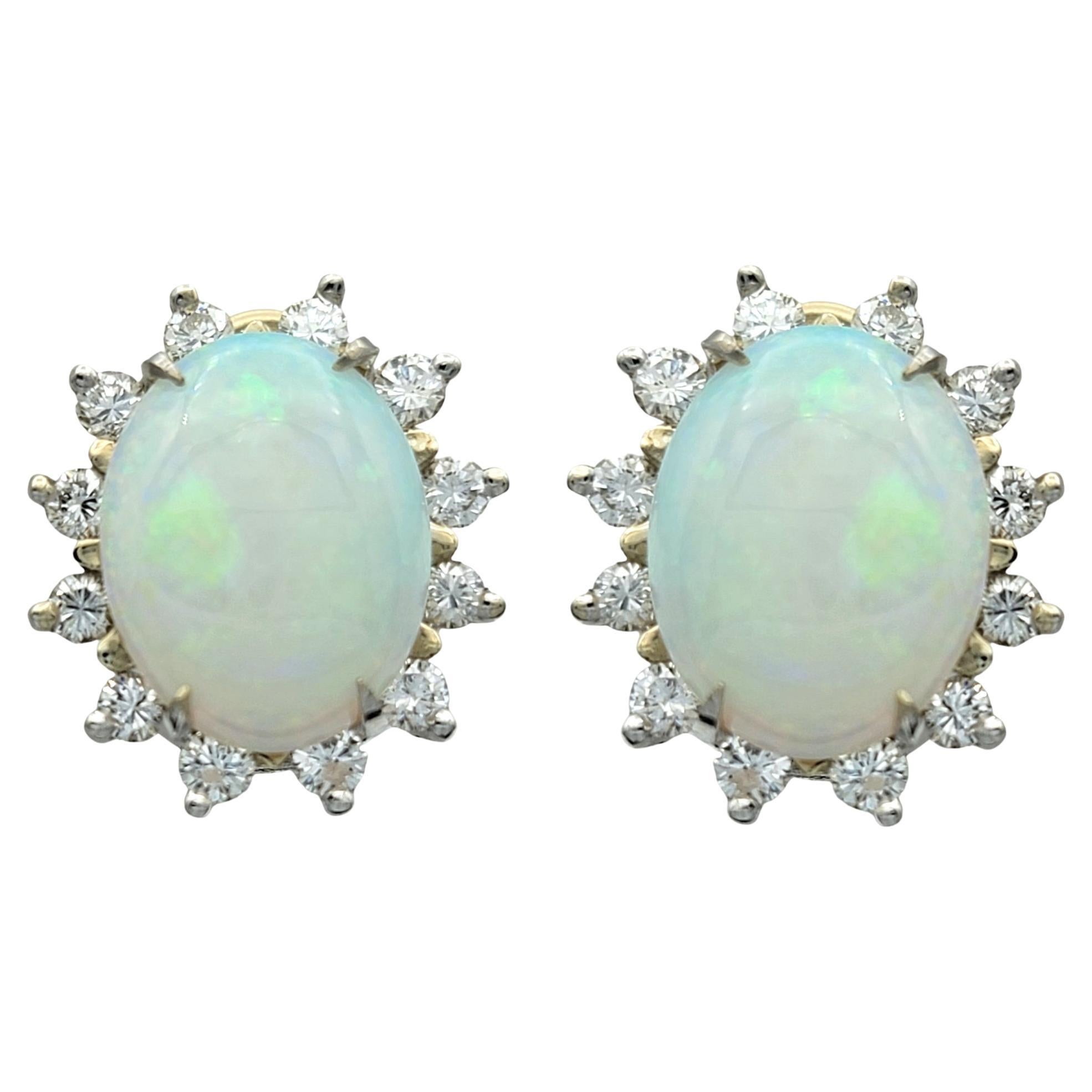 Oval Cabochon Opal Stud Earrings with Round Diamond Halos in 14 Karat White Gold For Sale