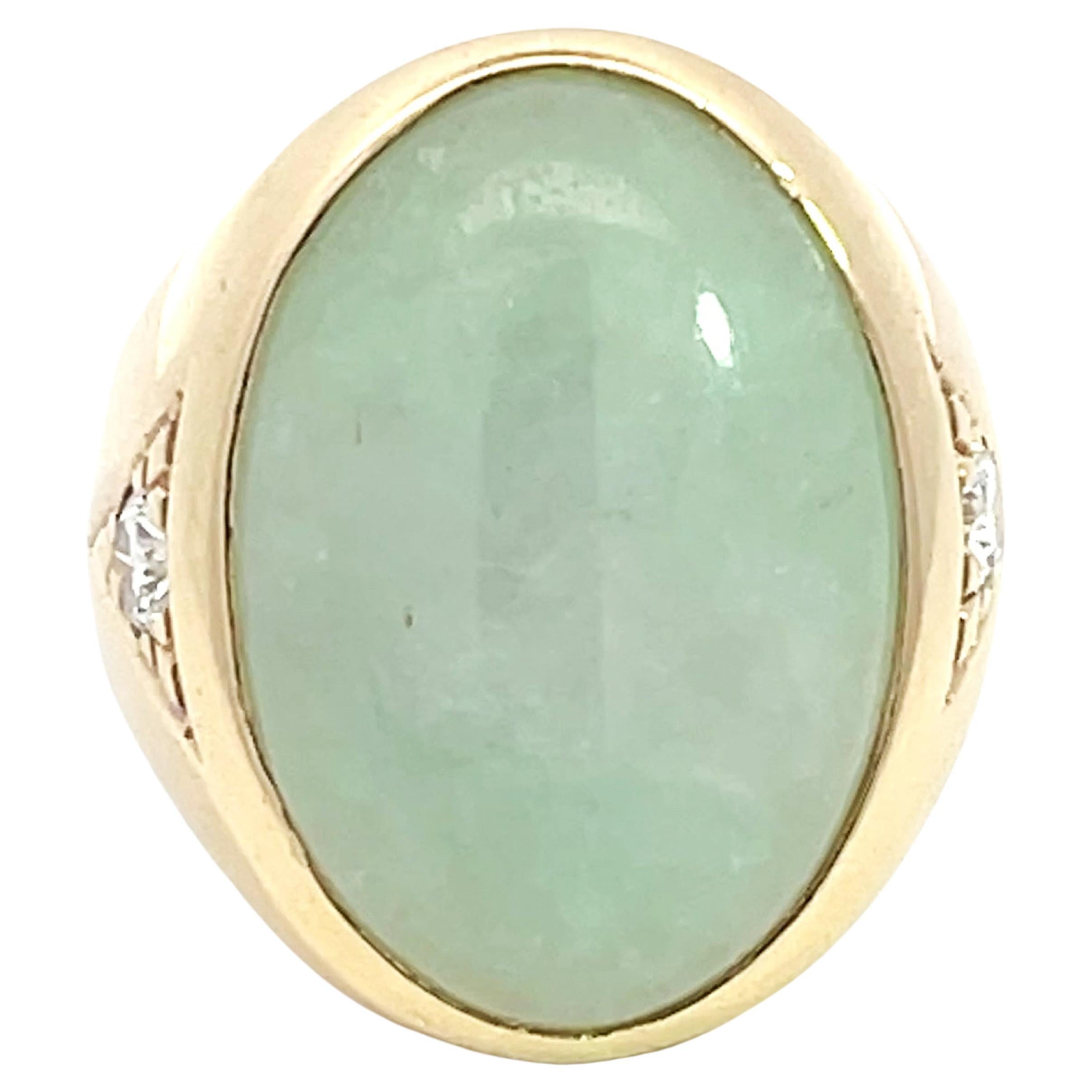 Oval Cabochon Pale Green Jade and Diamond Ring in 14k Yellow Gold For Sale