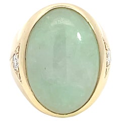 Vintage Oval Cabochon Pale Green Jade and Diamond Ring in 14k Yellow Gold