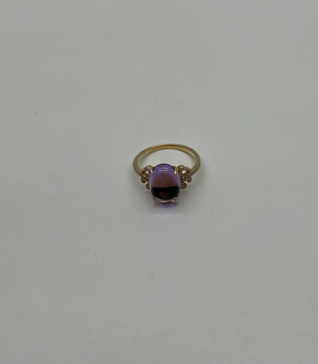 Ovaler ovaler Cabochon Rosa Violett Amethyst 14K Diamant Statement Einzigartiger Ring im Angebot 1