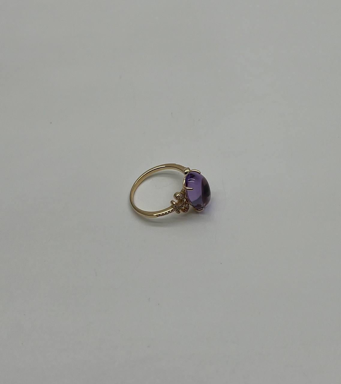 Ovaler ovaler Cabochon Rosa Violett Amethyst 14K Diamant Statement Einzigartiger Ring im Angebot 3