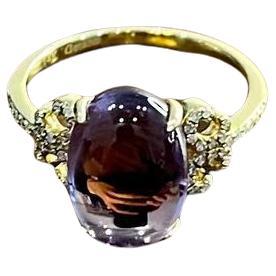 Oval Cabochon Pink Violet Amethyst 14K Diamond Statement Unique Ring