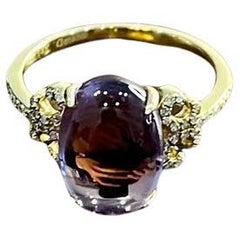 Oval Cabochon Pink Violet Amethyst 14K Diamond Statement Unique Ring