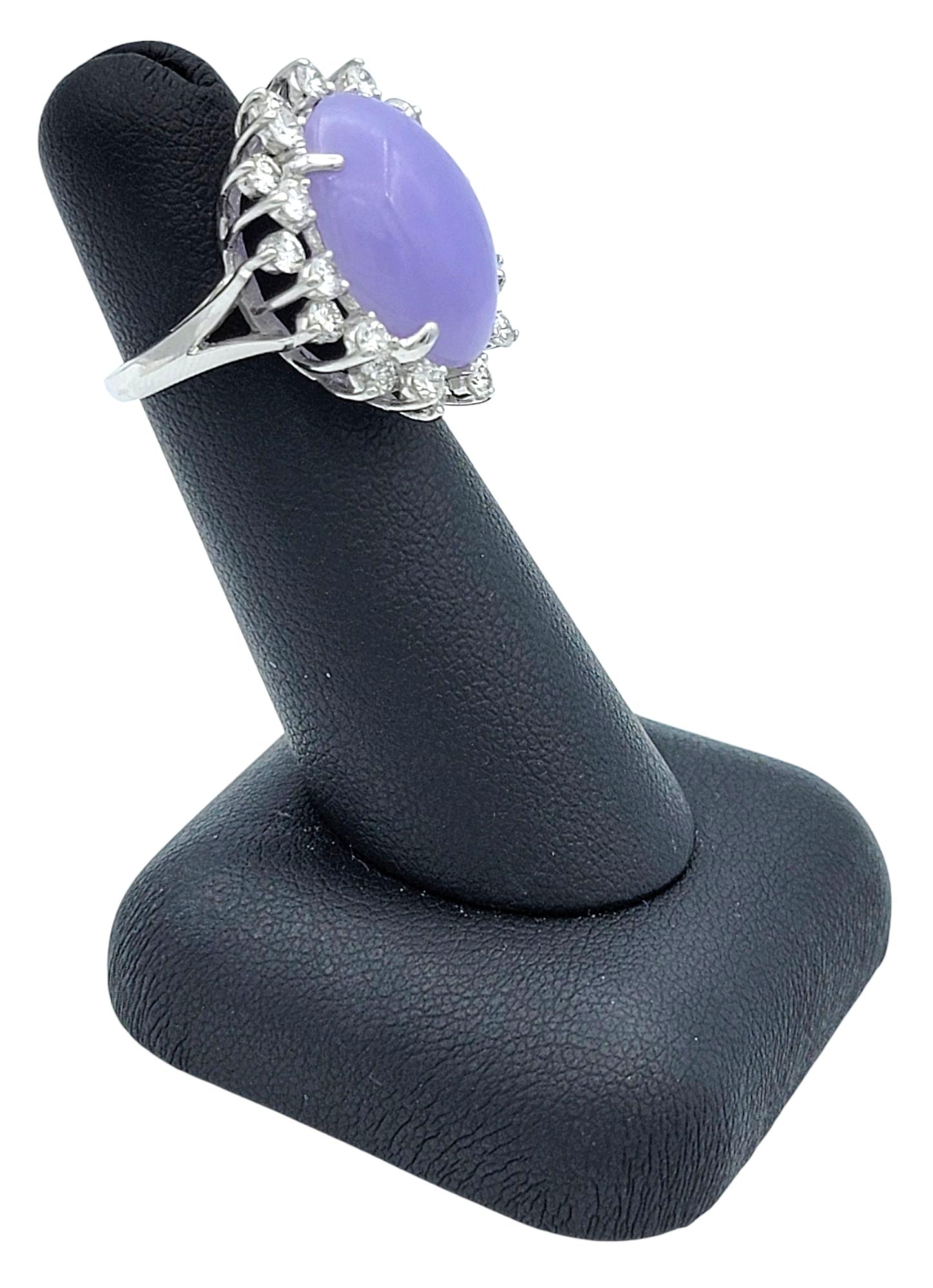 Oval Cabochon Purple Jade and Diamond Halo Cocktail Ring in 18 Karat White Gold For Sale 5