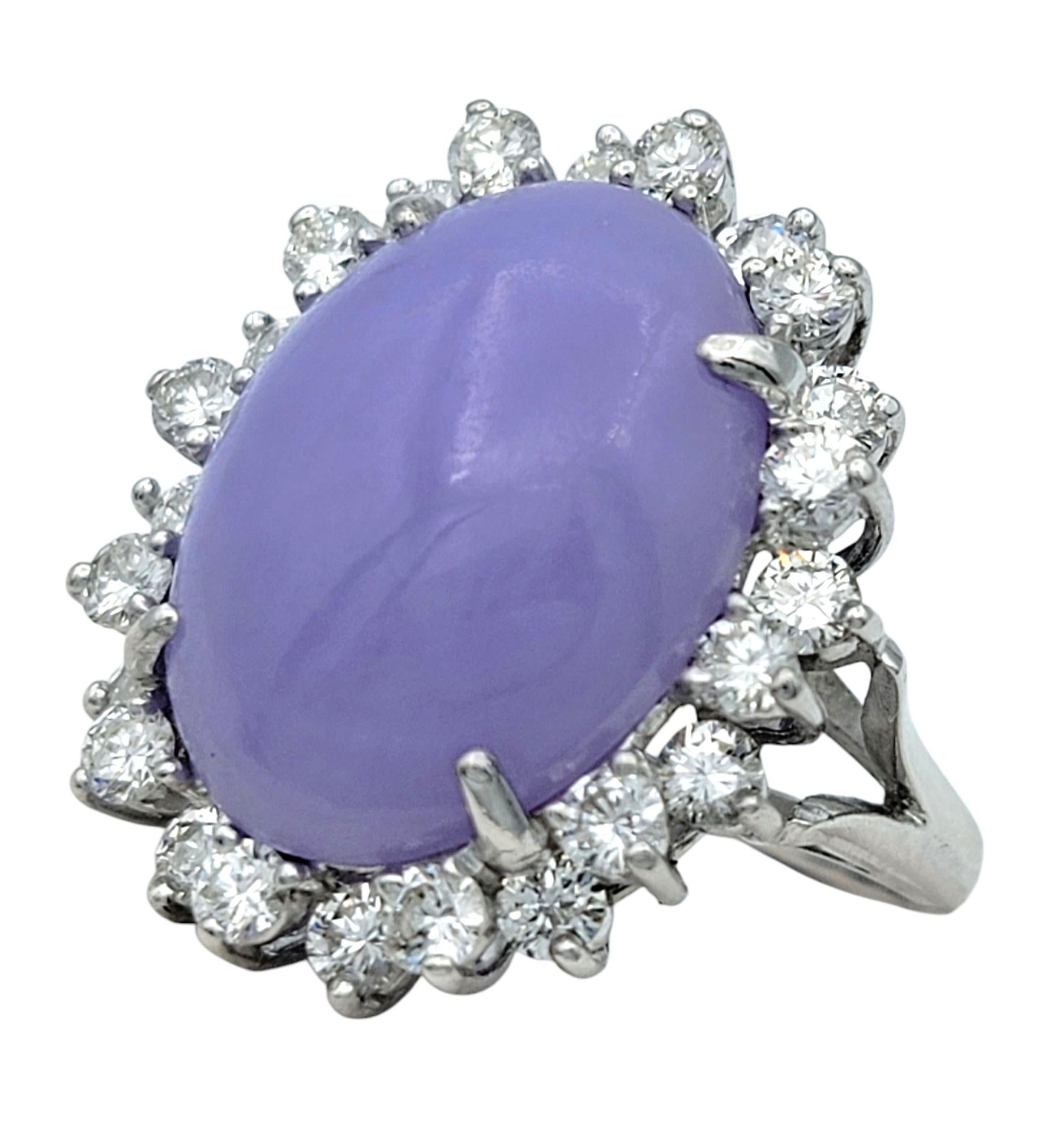 Contemporary Oval Cabochon Purple Jade and Diamond Halo Cocktail Ring in 18 Karat White Gold For Sale