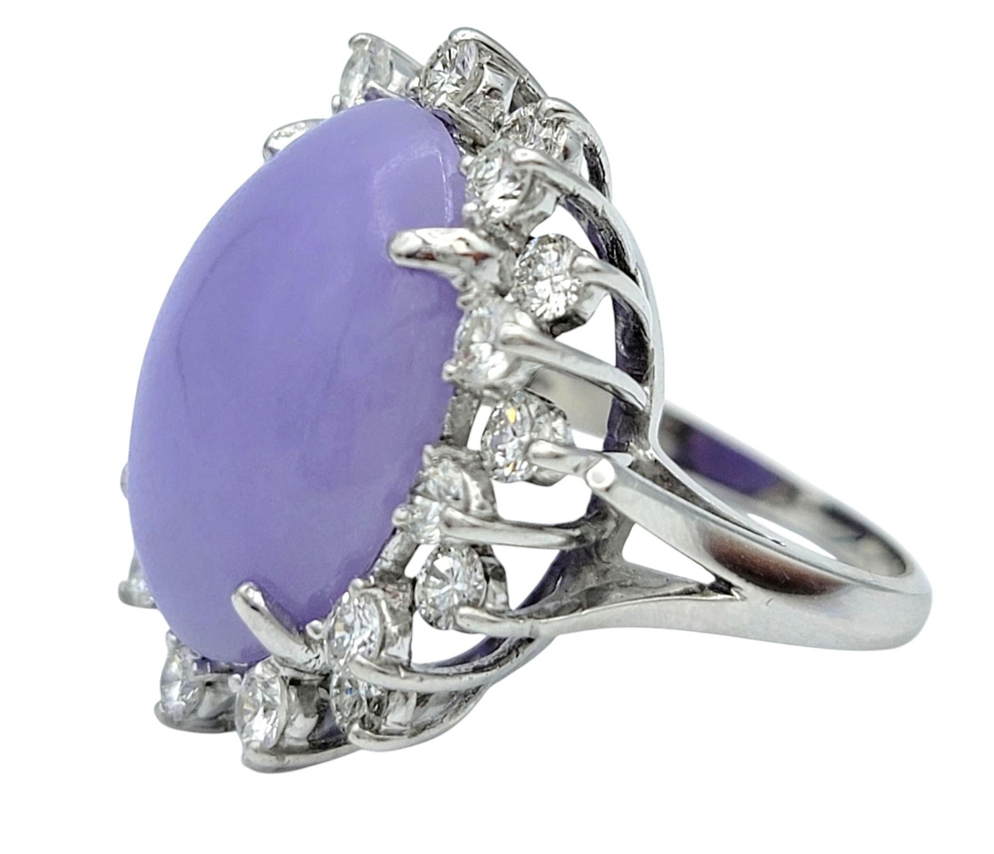 Oval Cabochon Purple Jade and Diamond Halo Cocktail Ring in 18 Karat White Gold In Good Condition For Sale In Scottsdale, AZ