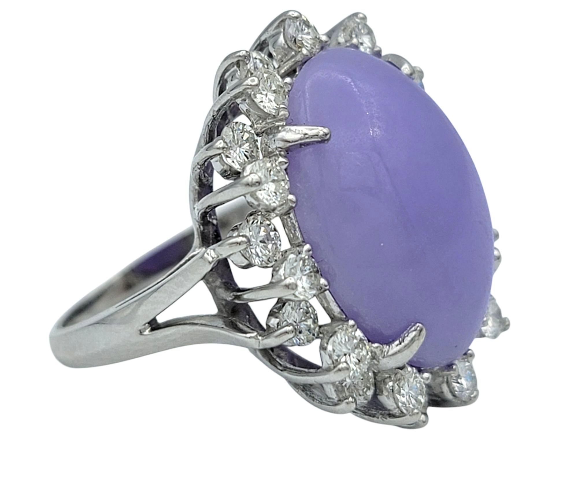 Women's Oval Cabochon Purple Jade and Diamond Halo Cocktail Ring in 18 Karat White Gold For Sale