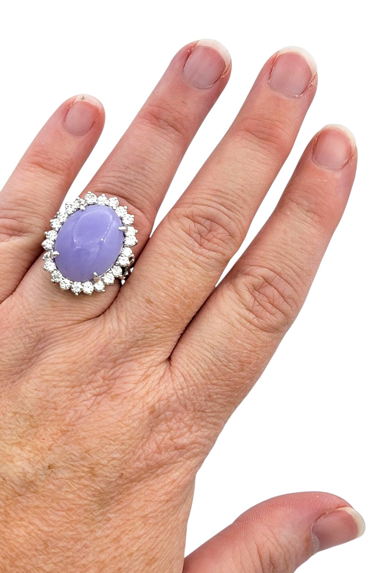 Oval Cabochon Purple Jade and Diamond Halo Cocktail Ring in 18 Karat White Gold For Sale 3