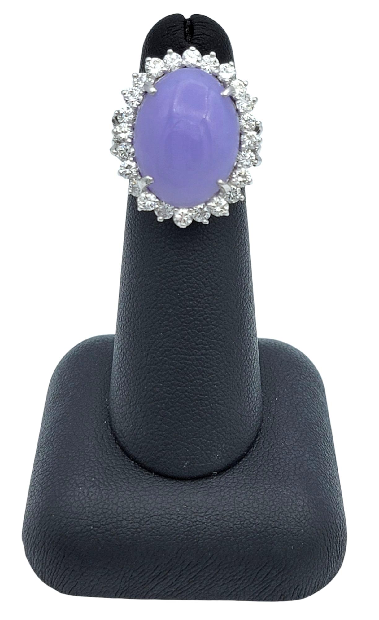 Oval Cabochon Purple Jade and Diamond Halo Cocktail Ring in 18 Karat White Gold For Sale 4