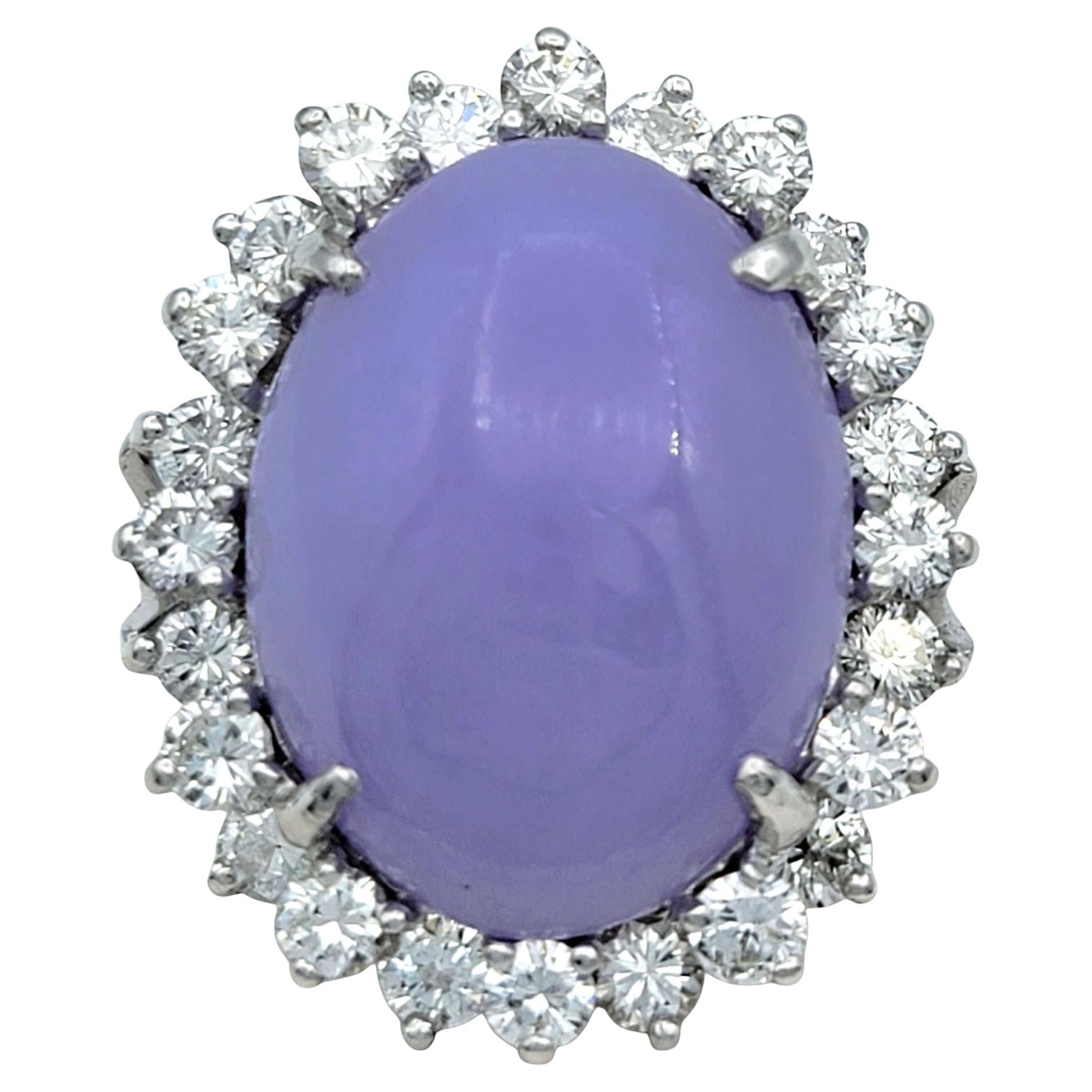 Oval Cabochon Purple Jade and Diamond Halo Cocktail Ring in 18 Karat White Gold