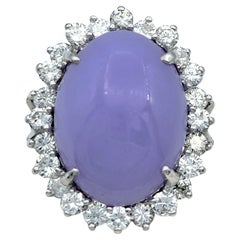 Oval Cabochon Purple Jade and Diamond Halo Cocktail Ring in 18 Karat White Gold