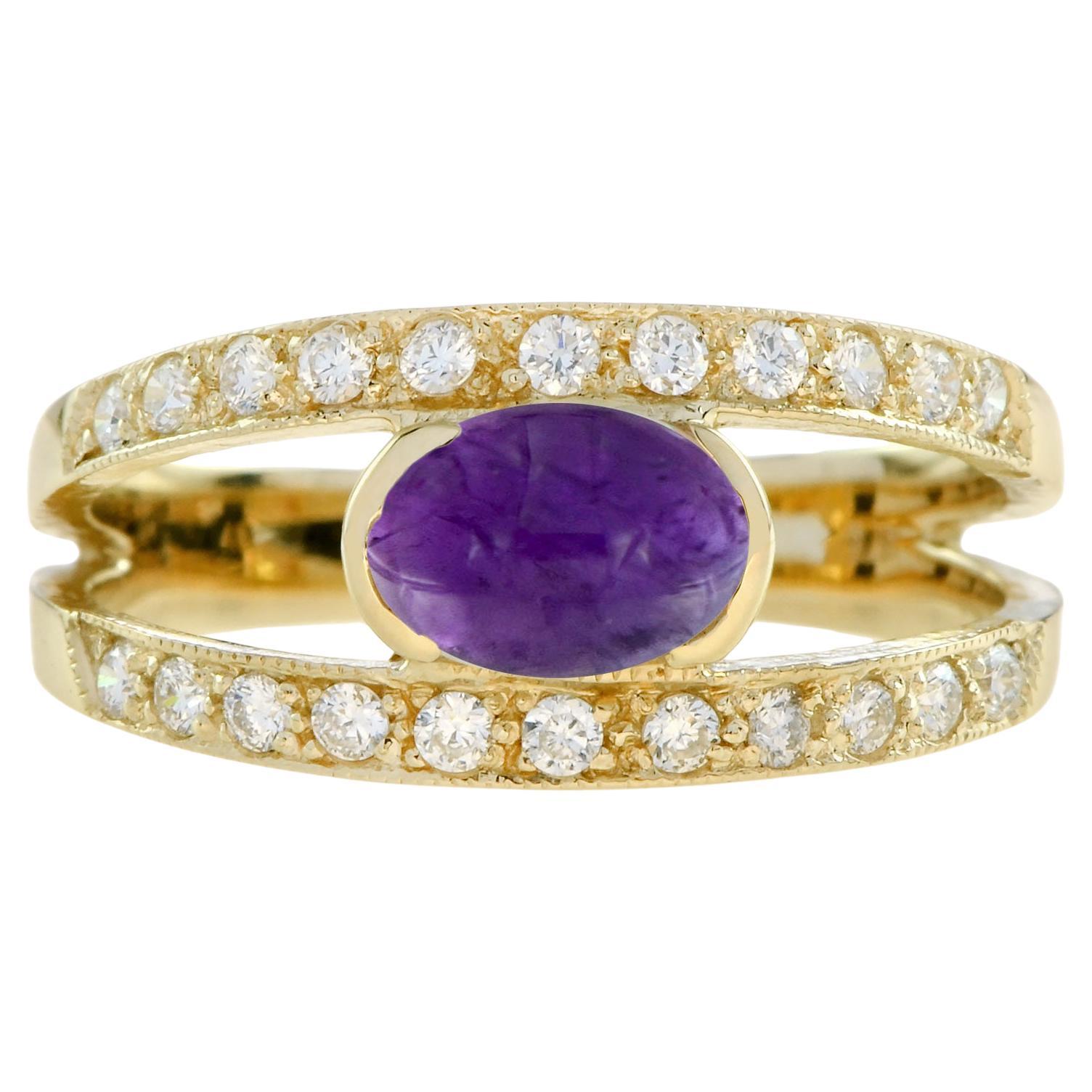 Anello d'oro ovale con cabochon viola, ametista e diamante in stile vintage