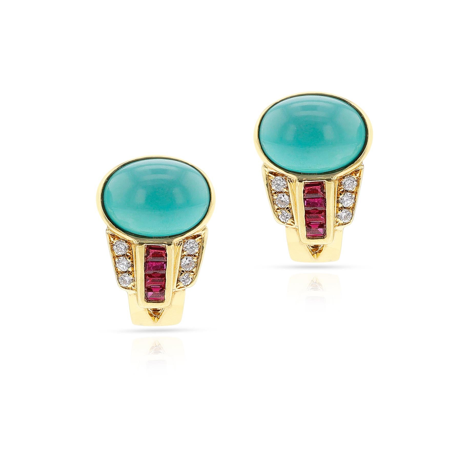 Ein Paar ovale Türkis-Cabochon, Rubin und Diamant-Ohrringe in 18k Gold gemacht. Die Diamanten wiegen ca. 0,60 Karat und sind von der Farbe G-H und der Reinheit VS-SI. Die Länge beträgt 1 Zoll.



SKU: 1499