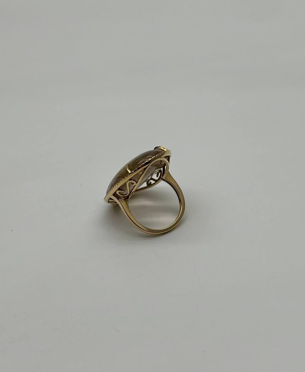 Oval Cabochon Rutilated Yellow Orange Quartz Diamond Halo 18K Yellow Gold Ring For Sale 6