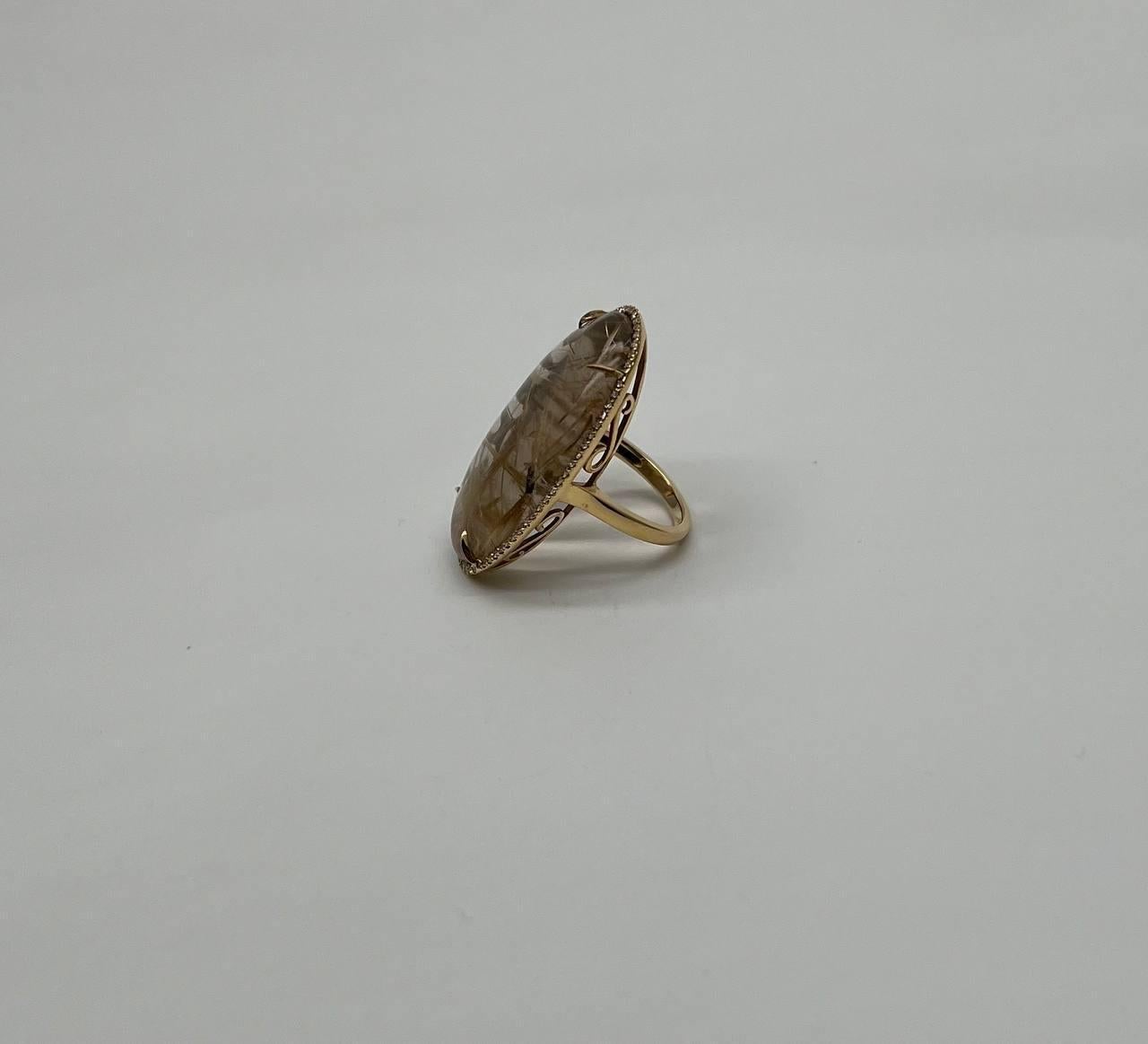 Oval Cabochon Rutilated Yellow Orange Quartz Diamond Halo 18K Yellow Gold Ring For Sale 7