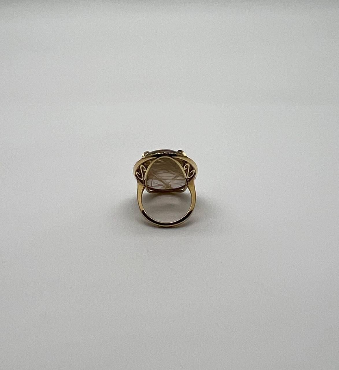Oval Cabochon Rutilated Yellow Orange Quartz Diamond Halo 18K Yellow Gold Ring For Sale 8