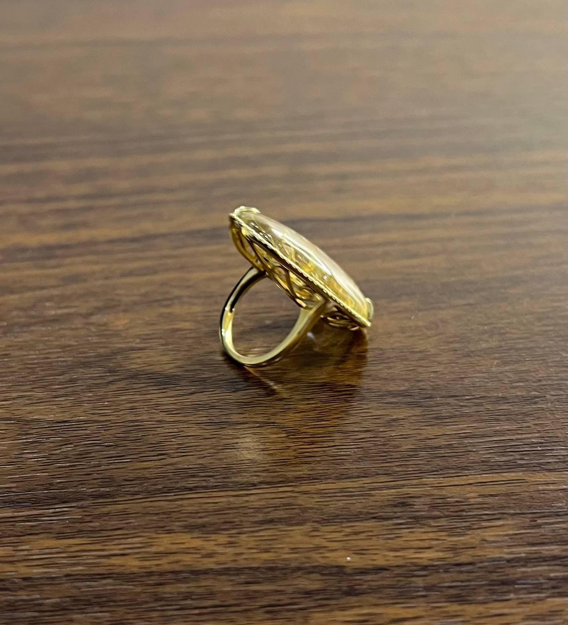 Oval Cabochon Rutilated Yellow Orange Quartz Diamond Halo 18K Yellow Gold Ring In New Condition For Sale In Oakton, VA