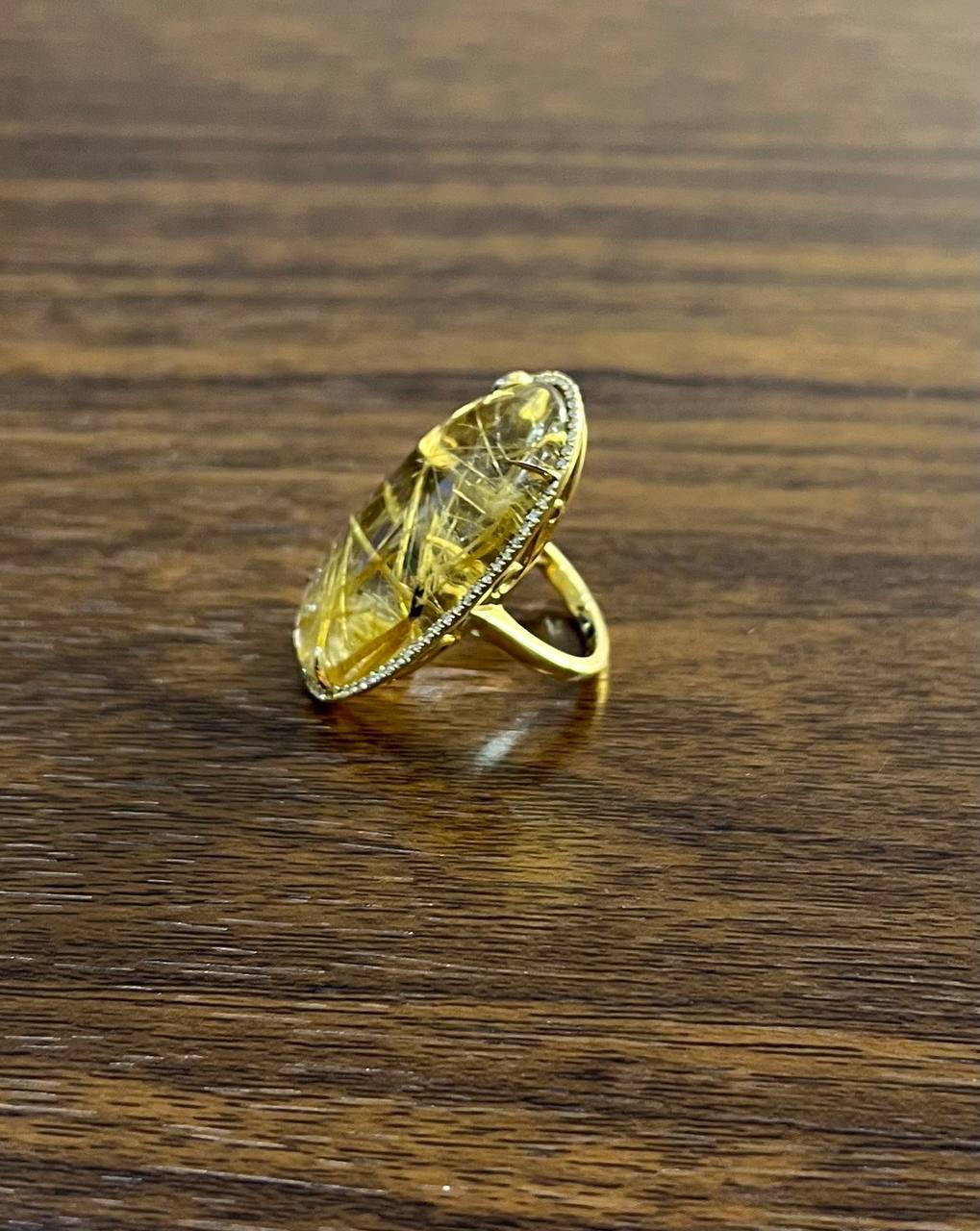 Women's Oval Cabochon Rutilated Yellow Orange Quartz Diamond Halo 18K Yellow Gold Ring For Sale