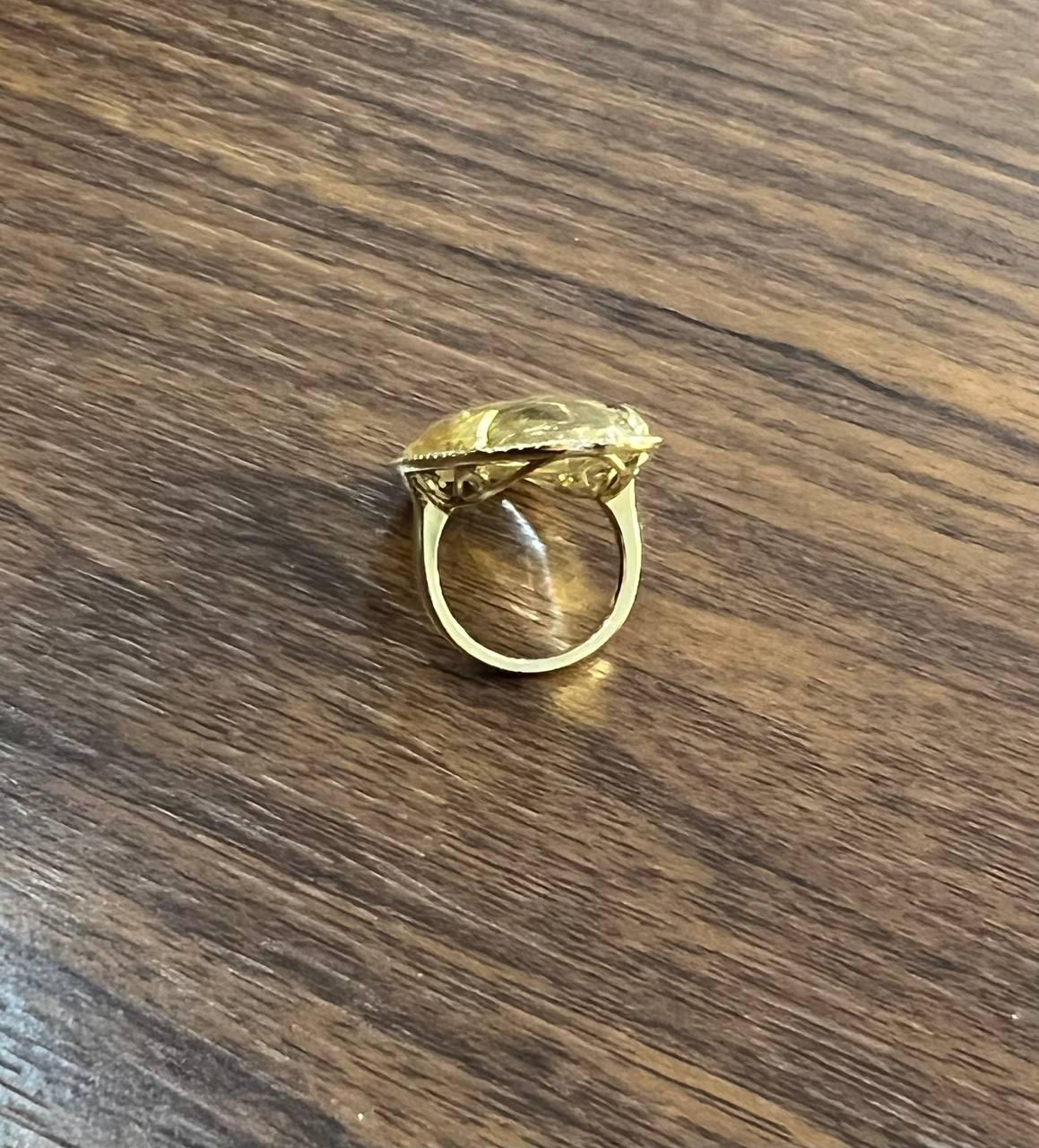 Oval Cabochon Rutilated Yellow Orange Quartz Diamond Halo 18K Yellow Gold Ring For Sale 1