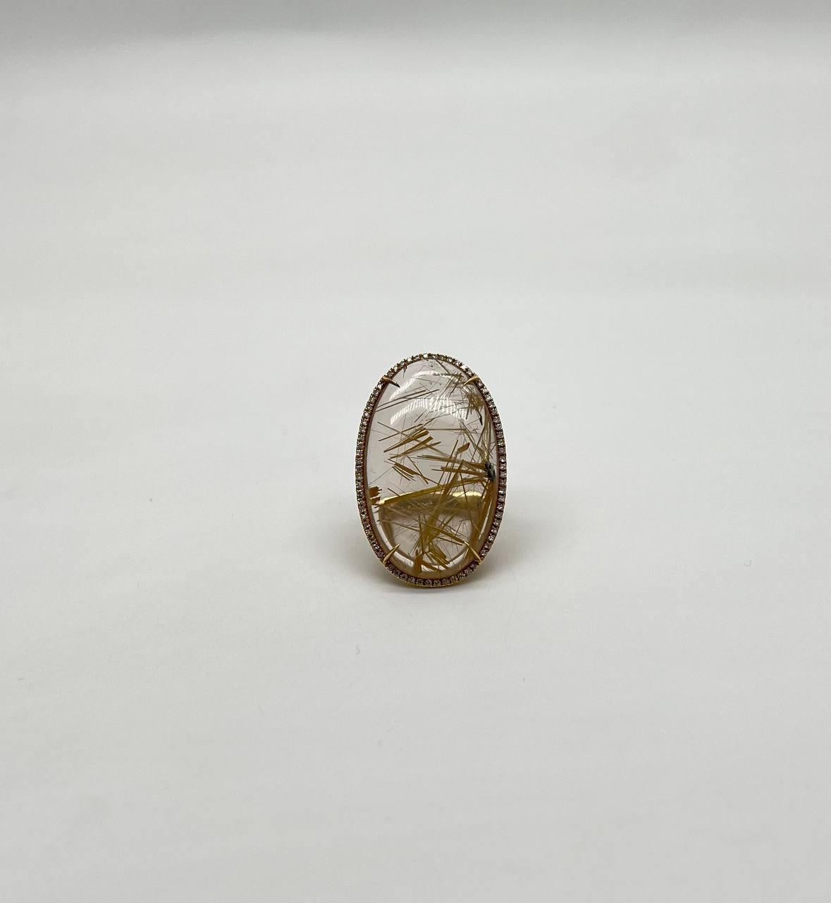 Oval Cabochon Rutilated Yellow Orange Quartz Diamond Halo 18K Yellow Gold Ring For Sale 2