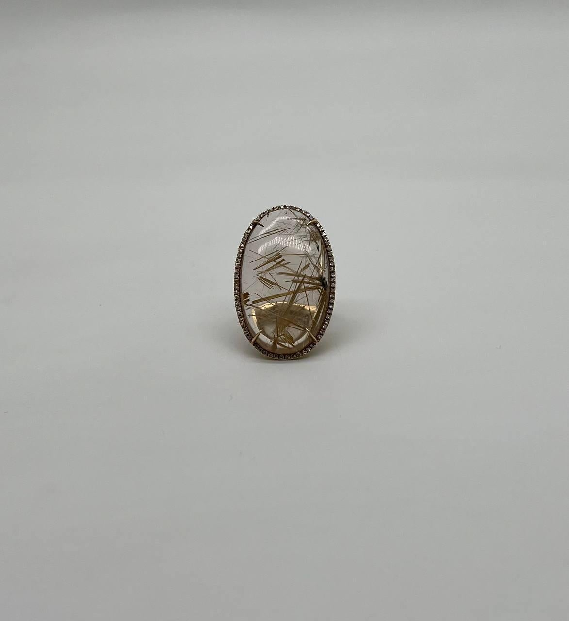 Oval Cabochon Rutilated Yellow Orange Quartz Diamond Halo 18K Yellow Gold Ring For Sale 3