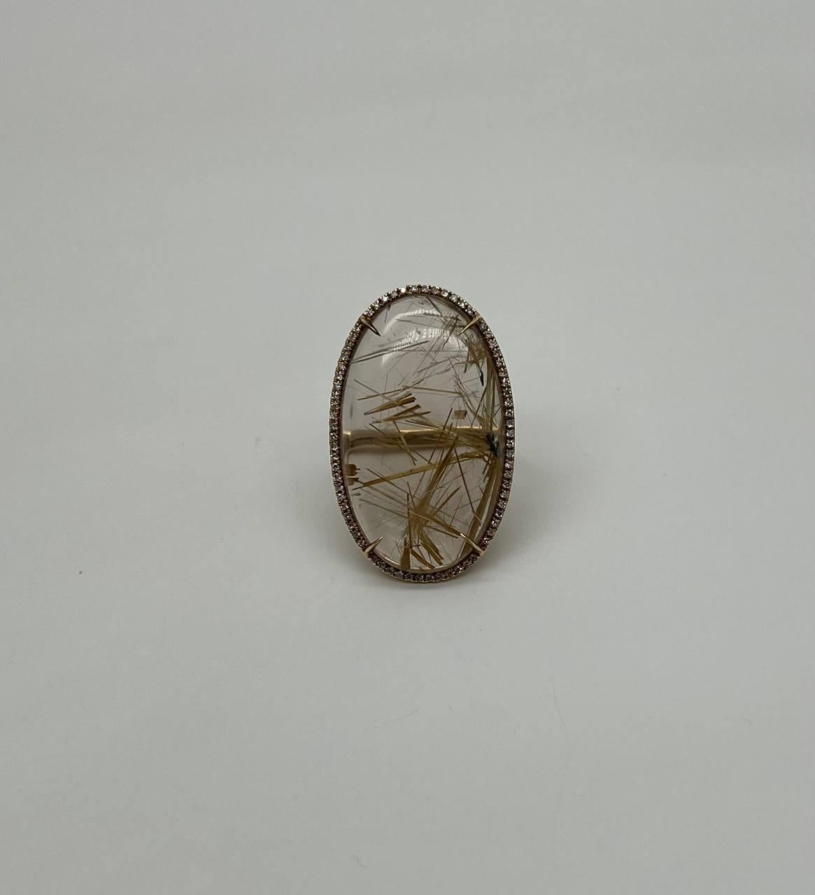 Oval Cabochon Rutilated Yellow Orange Quartz Diamond Halo 18K Yellow Gold Ring For Sale 4