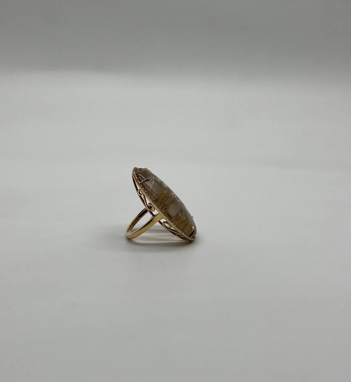 Oval Cabochon Rutilated Yellow Orange Quartz Diamond Halo 18K Yellow Gold Ring For Sale 5