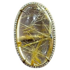 Oval Cabochon Rutilated Yellow Orange Quartz Diamond Halo 18K Yellow Gold Ring