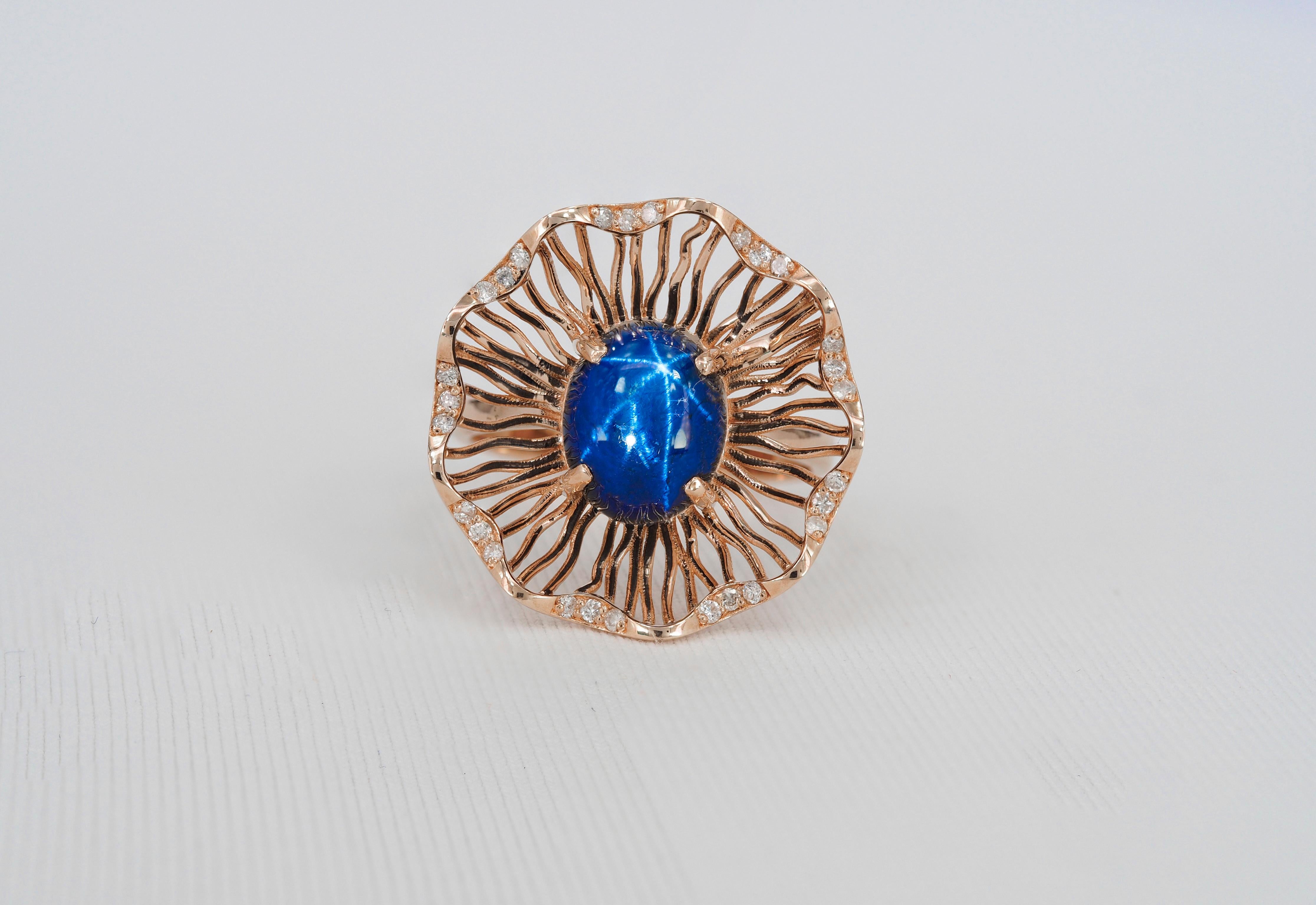 Modern Oval cabochon sapphire 14k gold ring.  For Sale